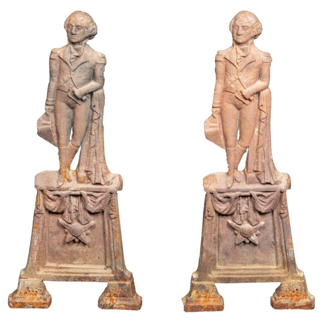 Pair of cast iron George Washington Andirons: Measures: 9" x 20" x 16" Weighs: 30 LBS.