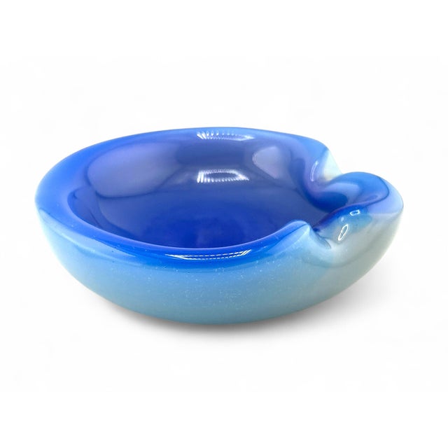 Mid-Century Modern Vintage Italian Murano Opaline Blue & White Cased Pinch Glass Ashtray Catchall For Sale - Image 3 of 6