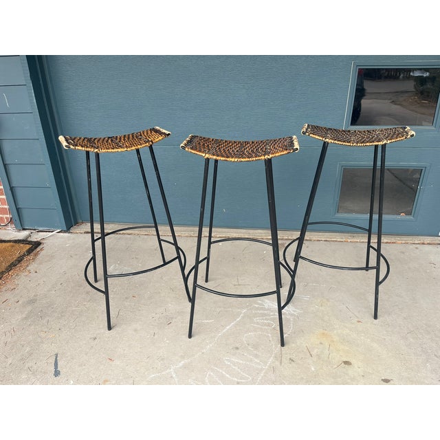1960s Set of Three Attributed to Arthur Umanoff Crescent Bar Stools — Iron & Wicker, C. 1960s For Sale - Image 5 of 6