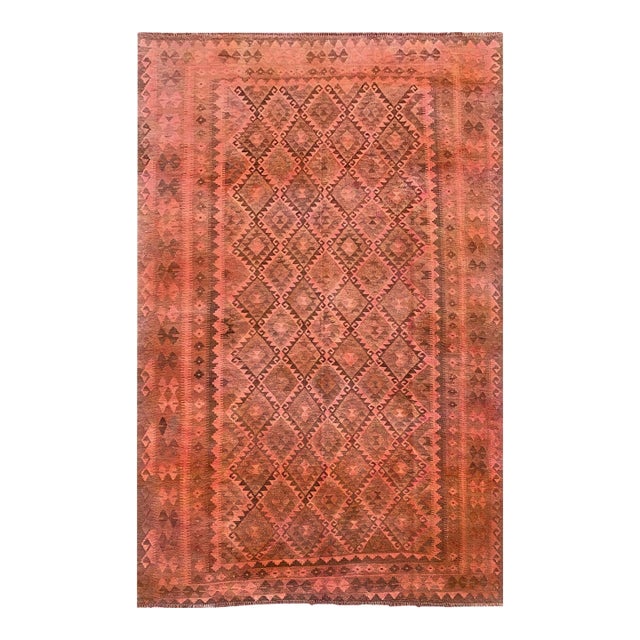 Vintage Overdyed Kilim Area Rug, Handwoven Wool, 6x10, Coral For Sale