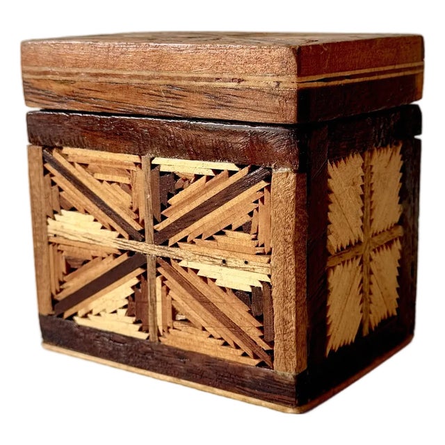 1970s Tramp Folk Art Matchstick Wooden Box For Sale