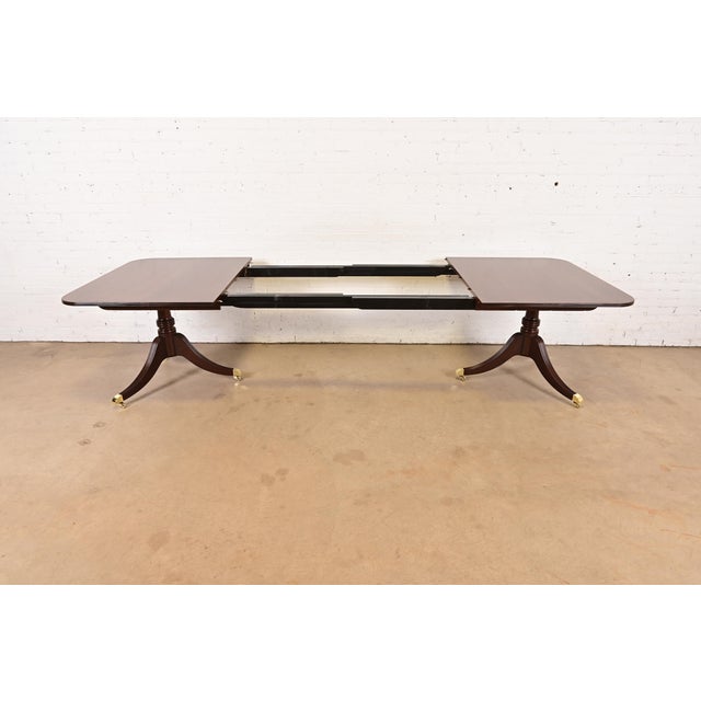 Baker Furniture Georgian Banded Cherry Wood Double Pedestal Extension Dining Table, Newly Refinished For Sale In South Bend - Image 6 of 15