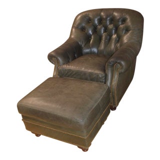 1980s Vintage Hancock & Moore Chesterfield Style Chair & Ottoman - 2 Pieces For Sale