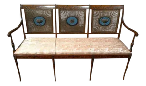 Edwardian Satinwood Painted Cane Back Open Arm Settee