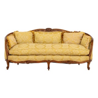 Louis XV Yellow Silk Damask Upholstered Walnut Sofa For Sale