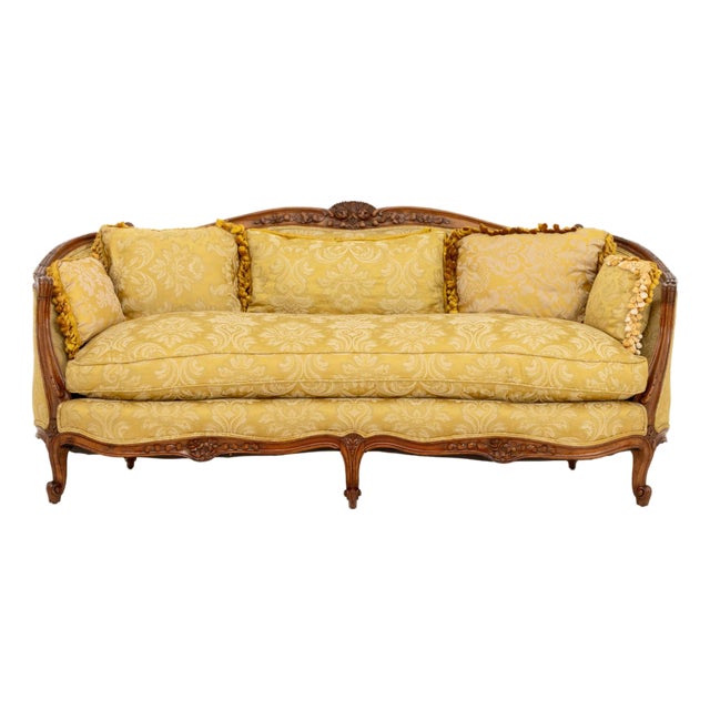 Louis XV Yellow Silk Damask Upholstered Walnut Sofa For Sale
