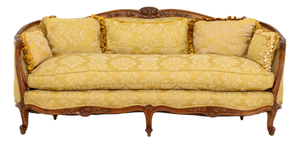 Louis XV Yellow Silk Damask Upholstered Walnut Sofa