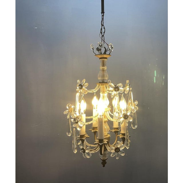 Crystal Beaded Bronze Flower Chandelier, 1950s For Sale - Image 3 of 10