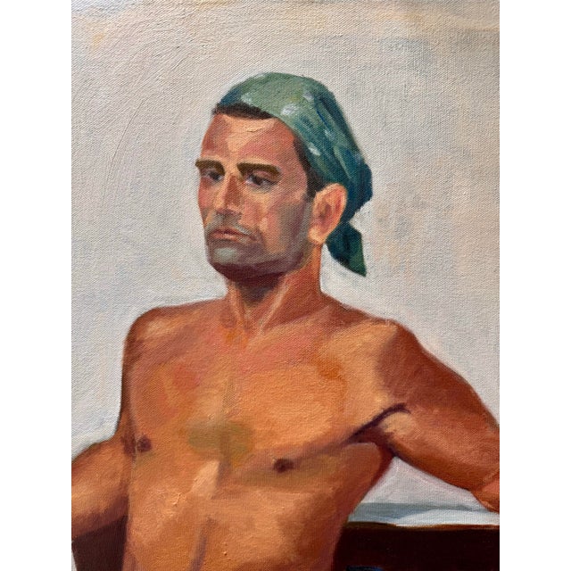 Stunning Vintage 1970 Commissioned Painting of a Half Nude Male Wearing a Head Bandana While Resting Against a Counter For Sale - Image 4 of 9