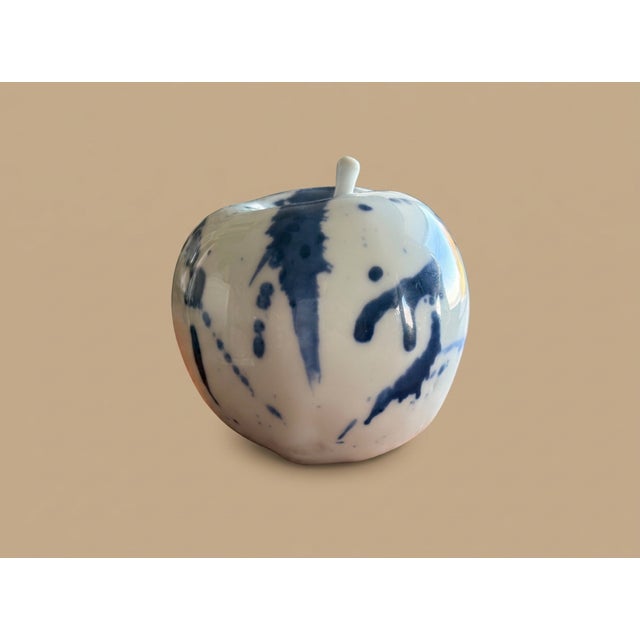 Asian Porcelain Apple Sculpture Blue + White Jingdezhen Studio Pottery "Ping Peace & Harmony" With Internal Rattle Signed For Sale - Image 3 of 9