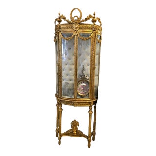 Grand French Louis XVI Curio Display Cabinet With Gold Leaf, Velvet Interior & Glass Showcase For Sale