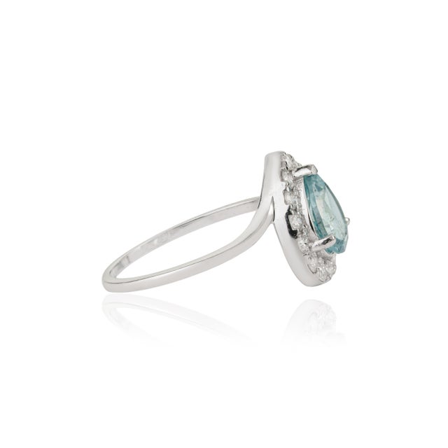 Metal Art Deco 14k White Gold 1 Ct Aquamarine and Diamond Halo Cocktail Ring Size 7 For Sale - Image 7 of 17