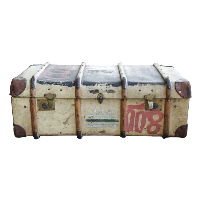 Leather Trunk with Stickers, 1910s For Sale