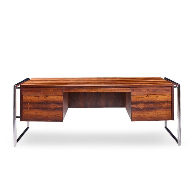 Scandiline Mid Century Rosewood and Chrome Executive Desk This desk measures: 79 wide x 39.5 deep x 29.25 high, with a...