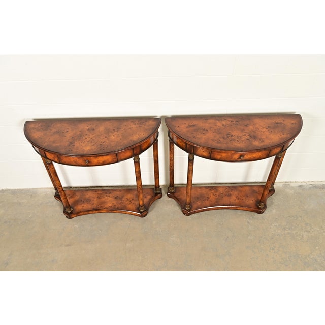 Maitland Smith Style French Empire Burl Wood and Gold Gilt Demilune Console Tables, Pair For Sale - Image 9 of 12