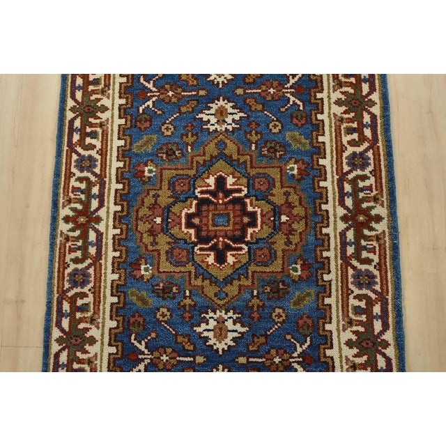 Heriz Runner 2’8” X 7’11” Blue Wool Tribal Hand-Knotted Oriental Rug For Sale - Image 4 of 12