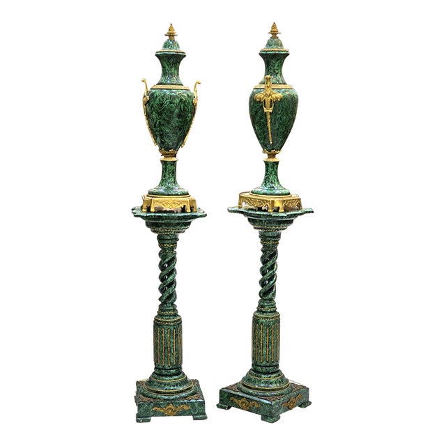 French Empire Malachite-Inspired Decorative Accent on Twisted Pedestal With Gold Leaf Accents For Sale