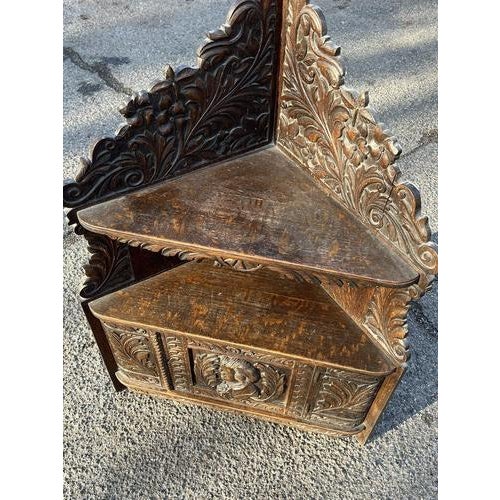 Wood Victorian Corner Wall Cabinet in Oak with Fine Carved Figure and Decoration For Sale - Image 7 of 11