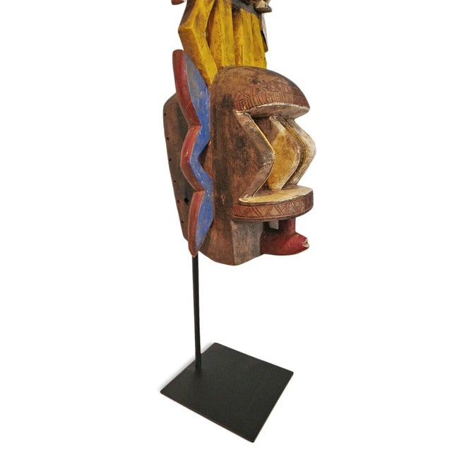 Vintage Colorful Burkina Faso Mali Mask on Stand For Sale - Image 4 of 10