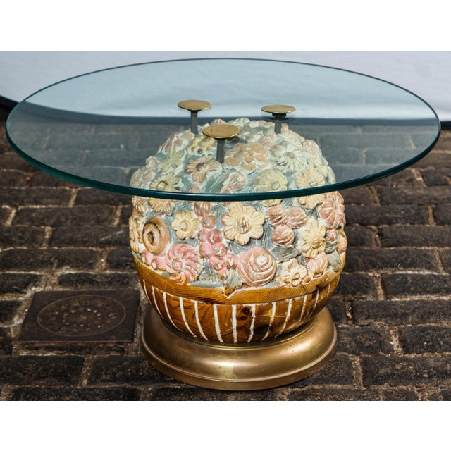 Exquisite wood floral ball table by Sarreid Ltd of Spain, circa 1960. Hand carved solid wood form with exceptional detail....