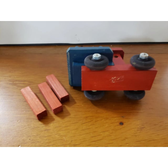 Vintage Hand Made Heavy Wooden Child's Blue and Red Log Truck Toy For Sale - Image 4 of 6