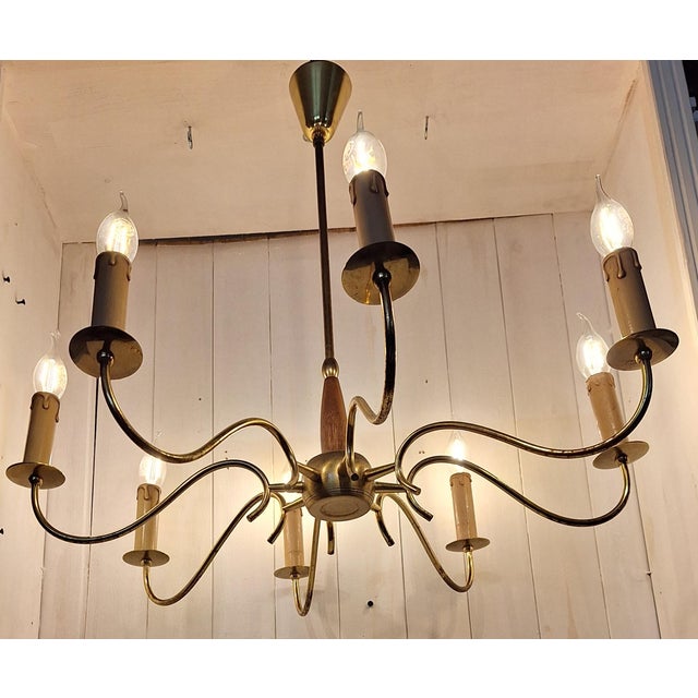 1960s Vintage Mid-Century 8-Light Chandelier with Brass Frame and Teak Wood, 1960s For Sale - Image 5 of 8