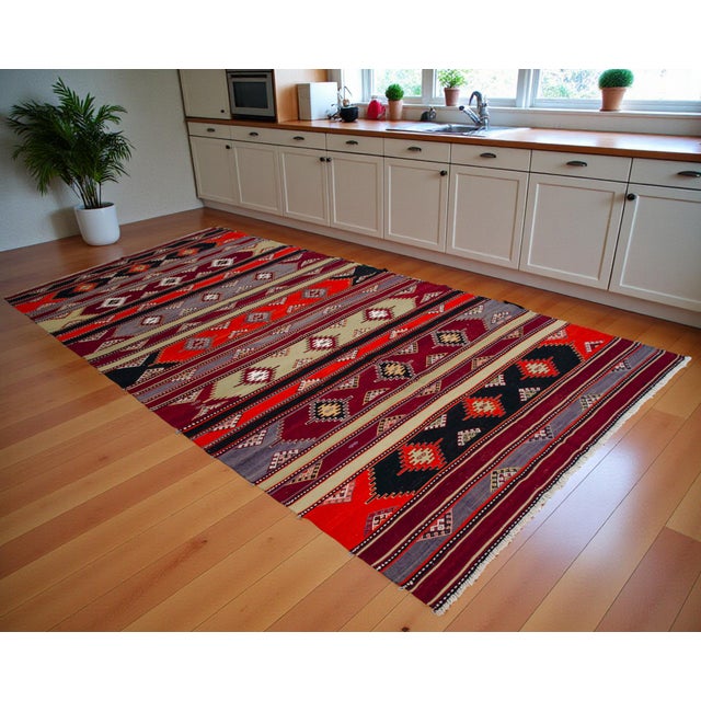 Farmhouse 1940s Turkish Kilim Rug Hand Woven Large Area Rug Jajim - 6′2″ X 13′6″ For Sale - Image 3 of 14