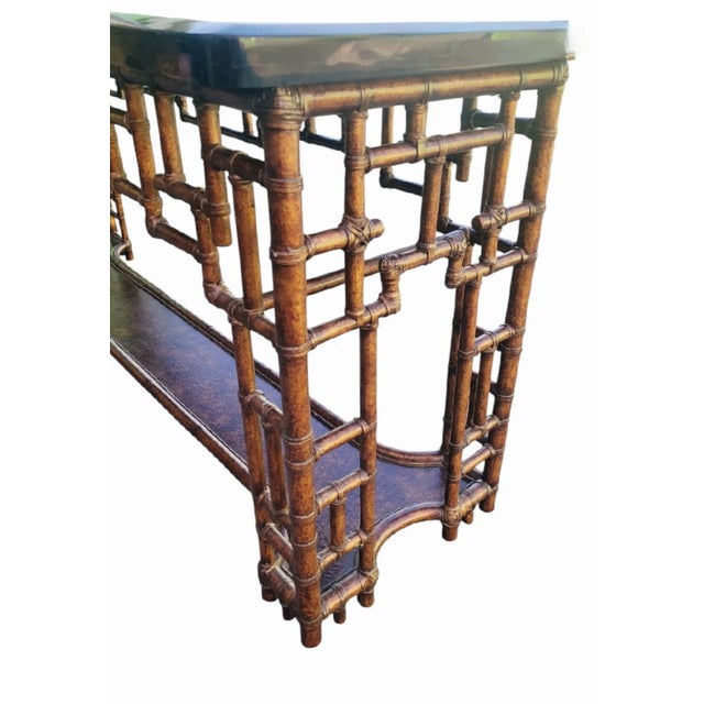 Vintage Chinese Chippendale Lexington Tortoiseshell Bronze Black Extra Long Tessellated Top Console Sofa Table For Sale - Image 9 of 15