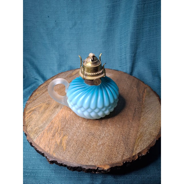 Late 19th Century Rare Antique Blue Satin Glass Oil Kerosene Finger Lamp Hand-Blown Uv Reactive For Sale - Image 5 of 18
