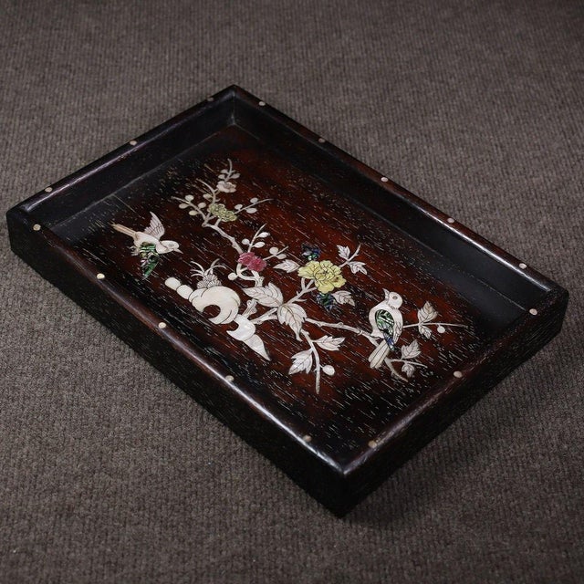 Late 20th Century Late 20th Century Dark Wood Tea Tray With Mother-of-Pearl Bird and Floral Inlay For Sale - Image 5 of 10
