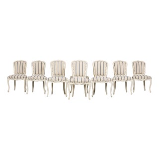 Antique French Louis XV Style Painted Provincial Dining Chairs in Striped Jacquard – Set of 8 For Sale