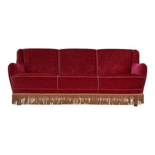 1970s, Danish Vintage 2 Seater "Banana" Sofa, Cherry-Red Velour, Original Very Good Condition. For Sale