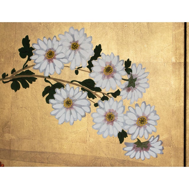"Chrysanthemums and Quail" by Setsuga, 1980s Japanese Byobu Screen For Sale - Image 9 of 18