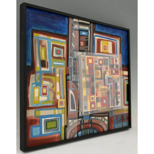 Mid Century abstract painting with paper and acrylic glass collage artwork by the artist André Pailler. France 1970. We...