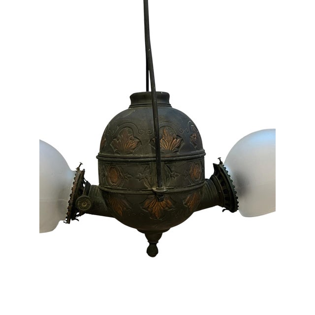 Fell Late 19th-Early 20th C. Victorian Double Arm "The Angle Lamp Co. Ny" Ceiling Fixture Patinated & Copper Finished Surface For Sale - Image 4 of 12