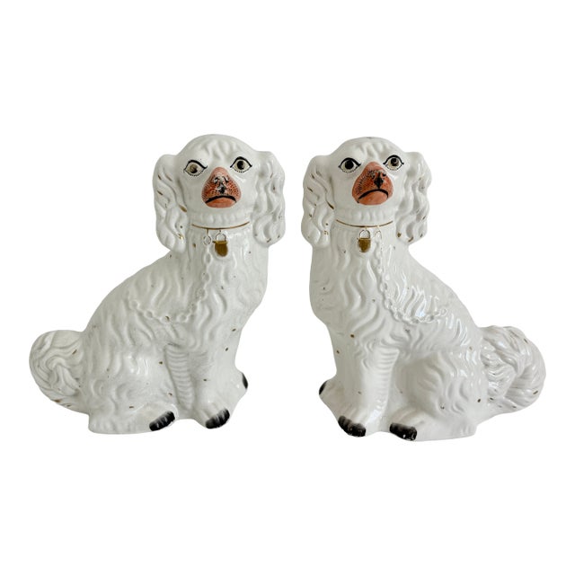 Antique 19th C White Staffordshire Spaniel Mantel Dogs - A Pair For Sale