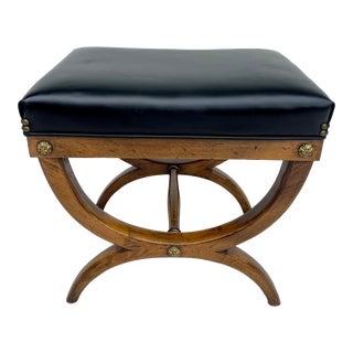 Vintage Biedermeier Cerule Wood Stool in Black Leatherette For Sale