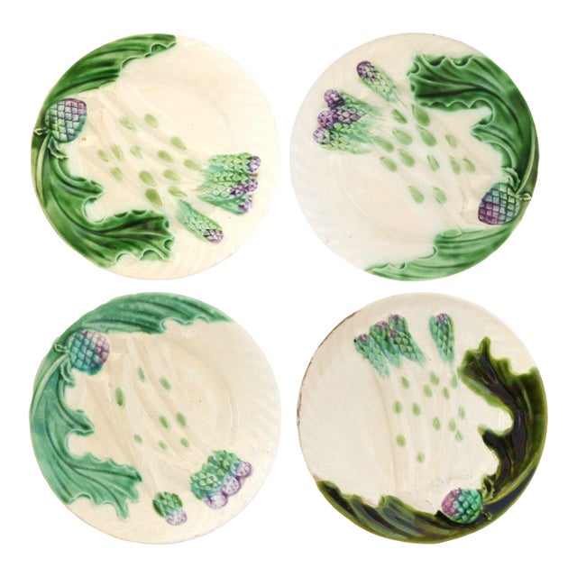 Antique French Majolica Artichoke Plates, Set of 4 For Sale