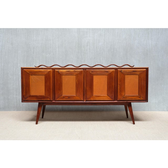 Italian Modern Walnut and Leather Sideboard with Undulating Cornice, 1950s For Sale - Image 16 of 16