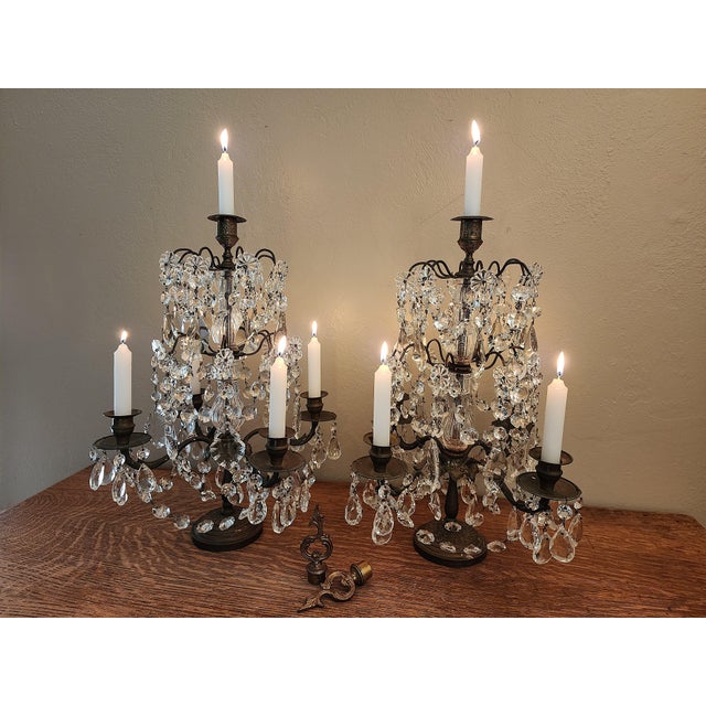 Bronze Exquisite Pair of Vintage Crystal Girandole Candelabra 5 Light Mantel Garnitures For Sale - Image 8 of 18