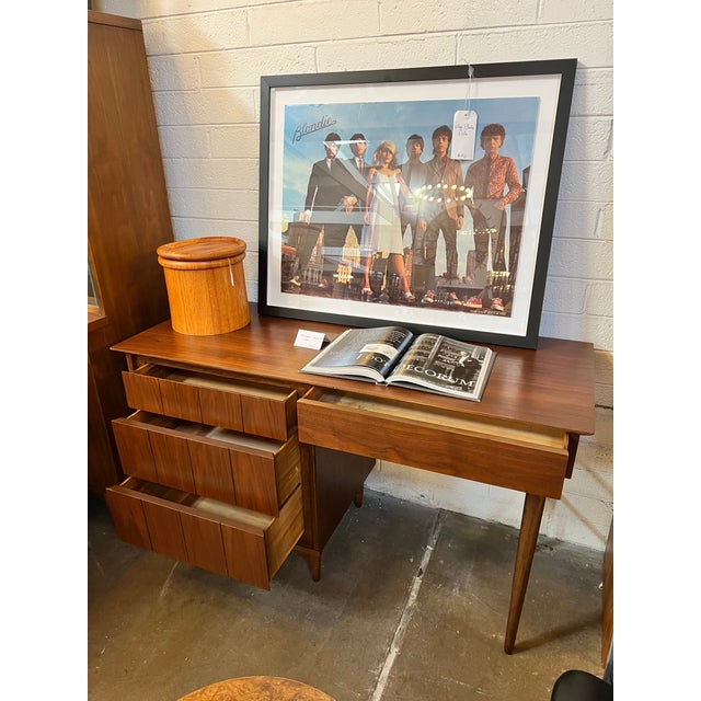 Wood Mid Century Modern Petite Walnut Writing Desk For Sale - Image 7 of 7