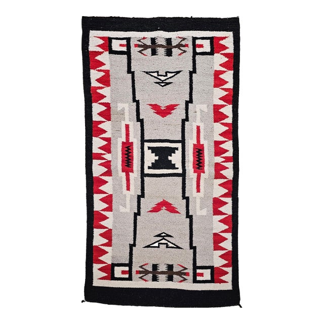 Vintage Native American Navajo Rug, Handwoven Wool, Storm Pattern, 30” X 55” For Sale