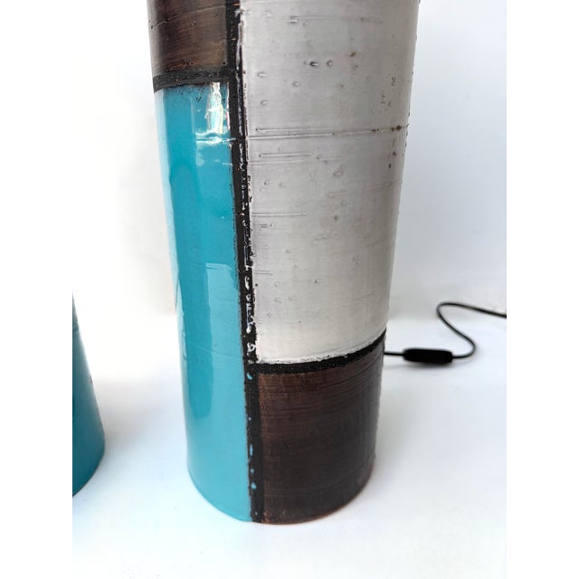 Metal Mid-Century Pair of Ceramic Lamps Mondrian by Bitossi. Italy, 1990s For Sale - Image 7 of 13