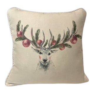 Reindeer With Ornaments on Antlers Linen Pillow For Sale