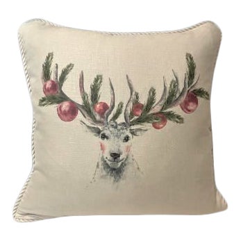 Reindeer With Ornaments on Antlers Linen Pillow For Sale