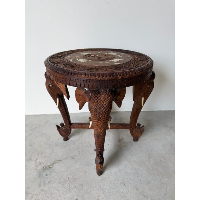 Vintage Anglo Indian Hand-Carved Elephant Side Table With Bone Inlay Animal Motif For Sale - Image 14 of 15