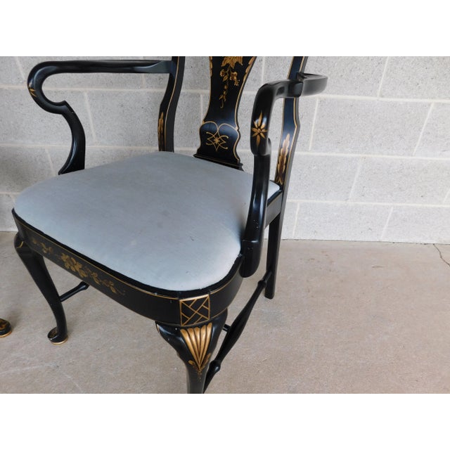 Vintage Georgian Style Chinoiserie Decorated Black Lacquer Arm Chairs - A Pair For Sale - Image 4 of 18