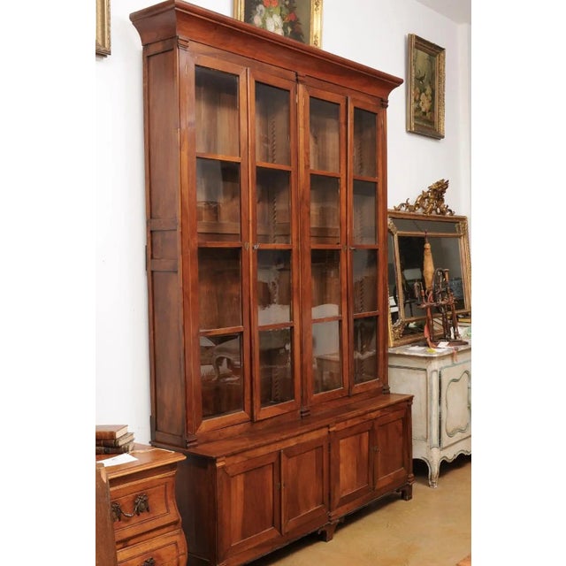 French 1880s Louis XVI Style Wood Bookcase with Glass Doors and Doric