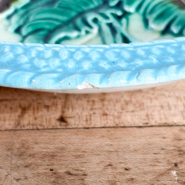 Antique Majolica Banana Leaf Pattern Rectangular Decorative Plate For Sale - Image 16 of 16
