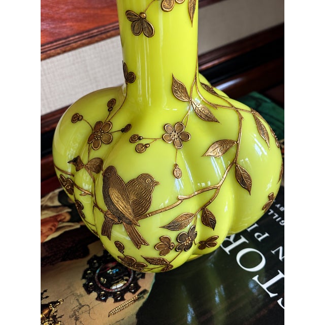 1890s Mount Washington Gilded Chartreuse Art Glass Vase For Sale - Image 4 of 14